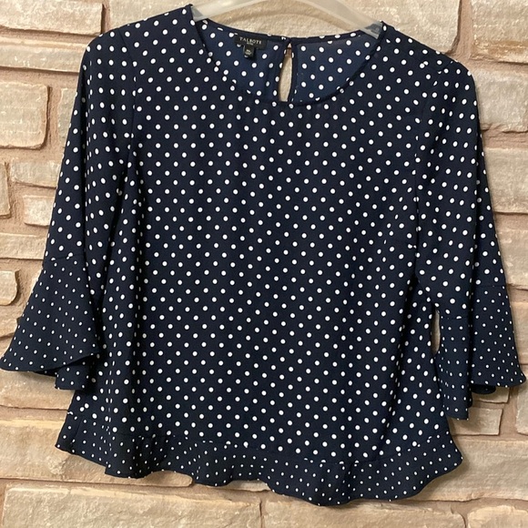TALBOTS Women Black & White Polka Dot Blouse Top Ruffle Trim 3/4 Sleeves Sz M - Picture 2 of 9